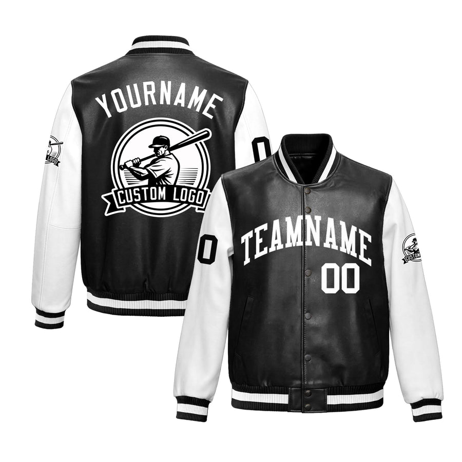 Custom Black White Raglan Sleeves Full-Snap Faux Leather Letterman Jacket | BuyFootballJersey