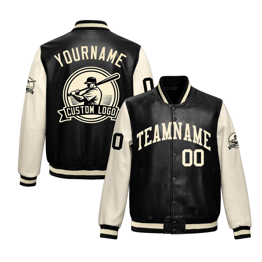 Custom Black Cream Raglan Sleeves Full-Snap Faux Leather Letterman Jacket | BuyFootballJersey