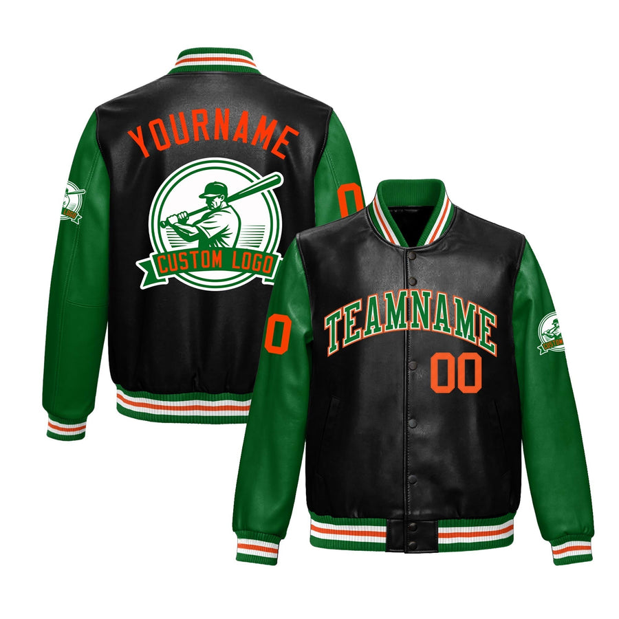 Custom Black Kelly Green Raglan Sleeves Full-Snap Faux Leather Letterman Jacket | BuyFootballJersey