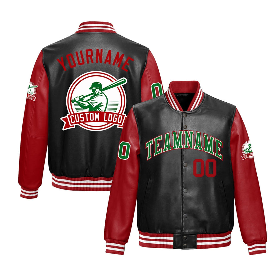 Custom Black Red Raglan Sleeves Full-Snap Faux Leather Letterman Jacket | BuyFootballJersey