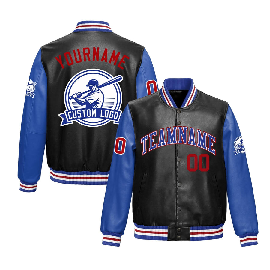 Custom Black Royal Blue Raglan Sleeves Full-Snap Faux Leather Letterman Jacket | BuyFootballJersey