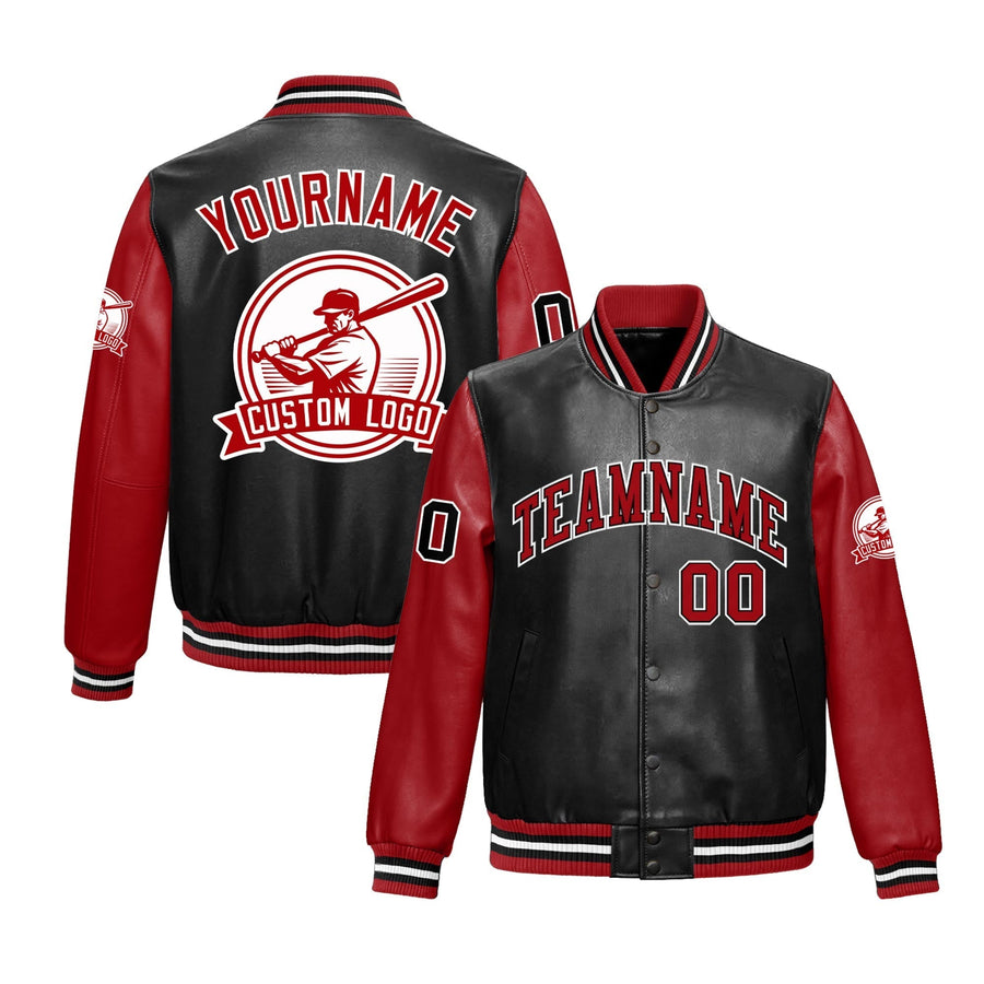 Custom Black Red Raglan Sleeves Full-Snap Faux Leather Letterman Jacket | BuyFootballJersey