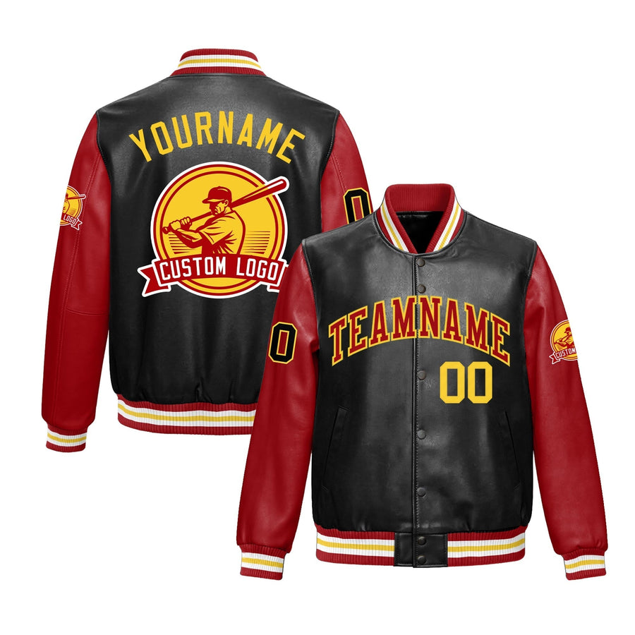 Custom Black Red Raglan Sleeves Full-Snap Faux Leather Letterman Jacket | BuyFootballJersey