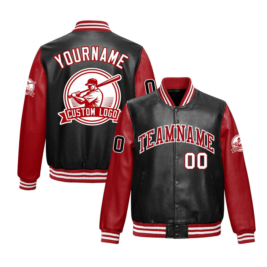 Custom Black Red Raglan Sleeves Full-Snap Faux Leather Letterman Jacket | BuyFootballJersey