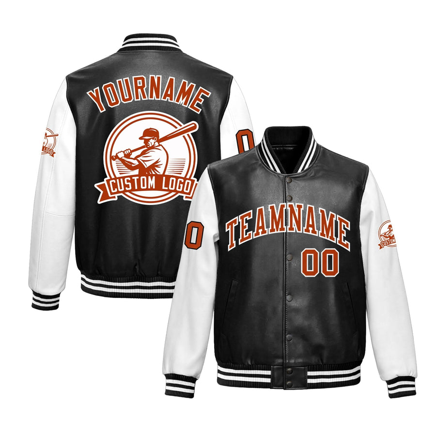Custom Black White Raglan Sleeves Full-Snap Faux Leather Letterman Jacket | BuyFootballJersey
