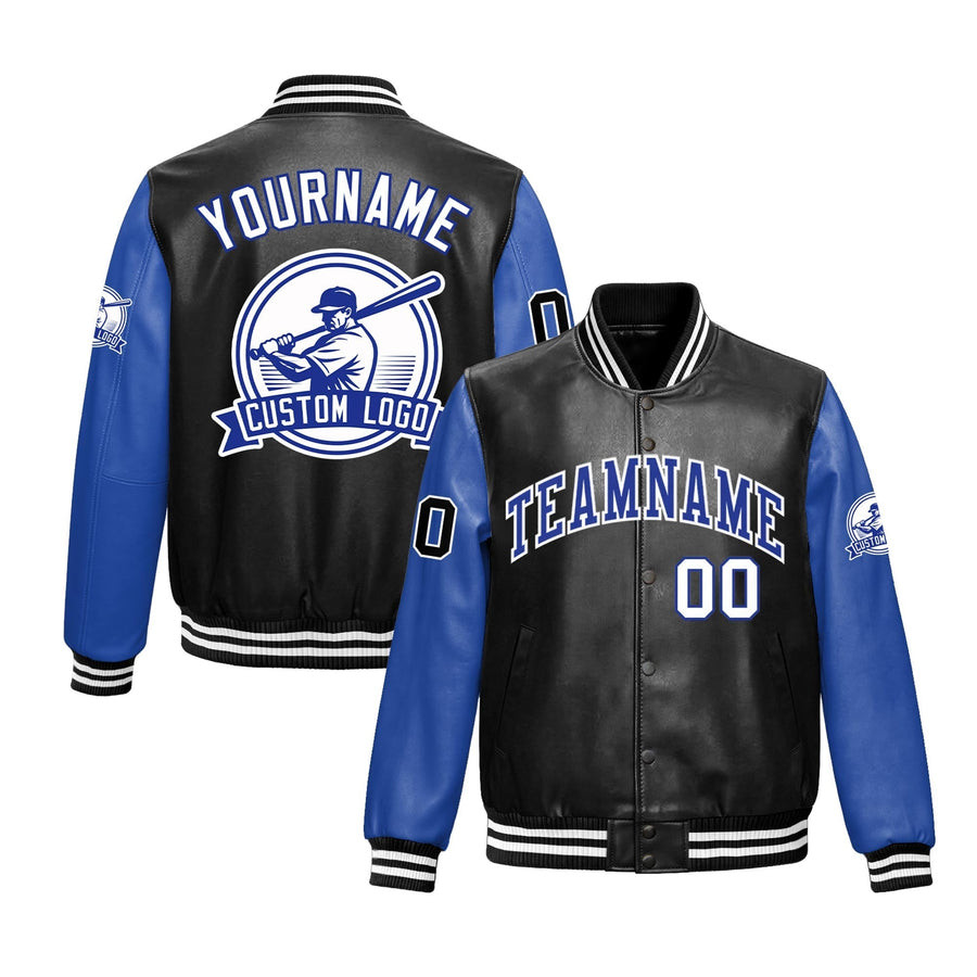 Custom Black Royal Blue Raglan Sleeves Full-Snap Faux Leather Letterman Jacket | BuyFootballJersey