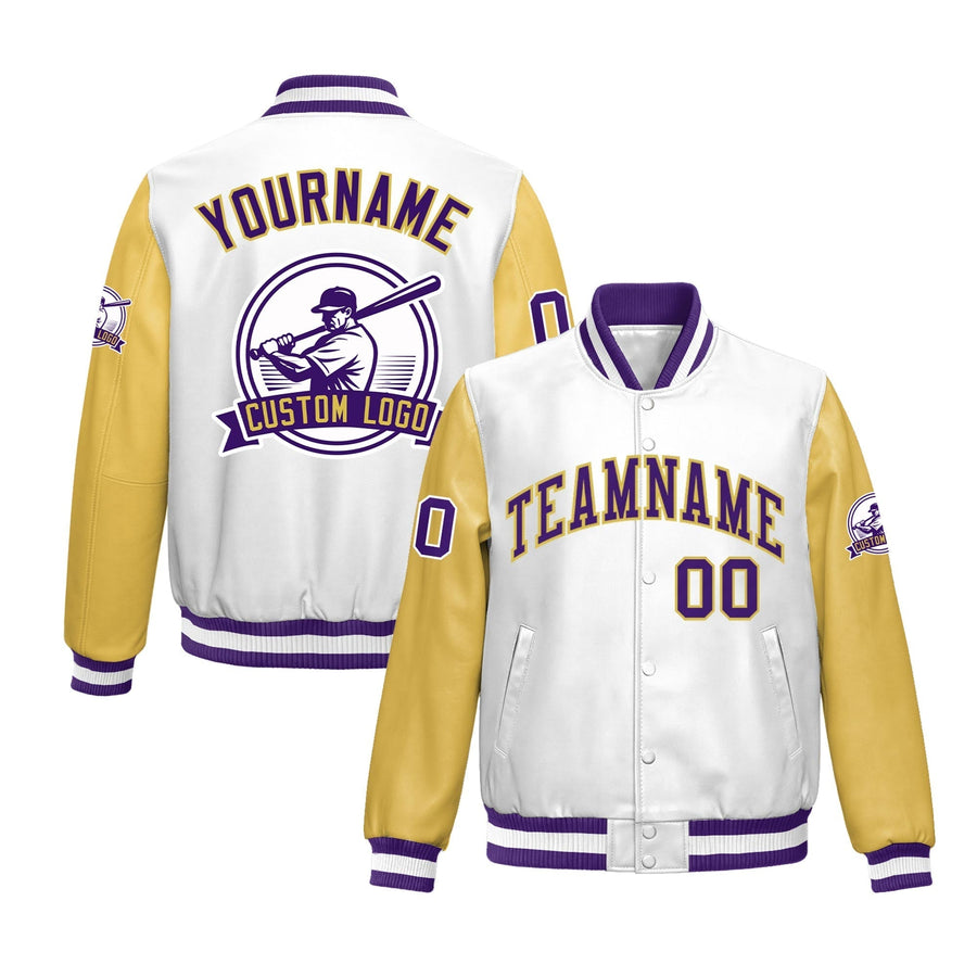Custom Khaki Purple Raglan Sleeves Full-Snap Faux Leather Letterman Jacket | BuyFootballJersey