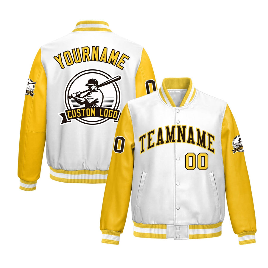 Custom Yellow Gold Raglan Sleeves Full-Snap Faux Leather Letterman Jacket | BuyFootballJersey