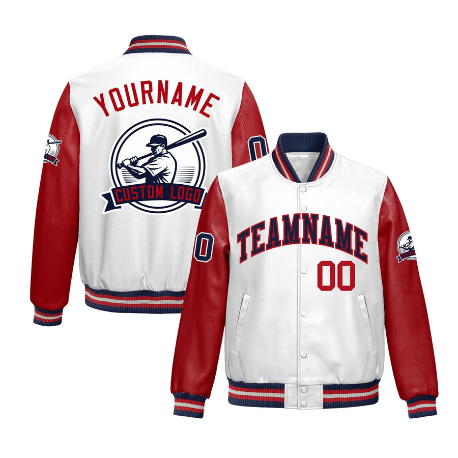 Custom Navy Red Raglan Sleeves Full-Snap Faux Leather Letterman Jacket | BuyFootballJersey
