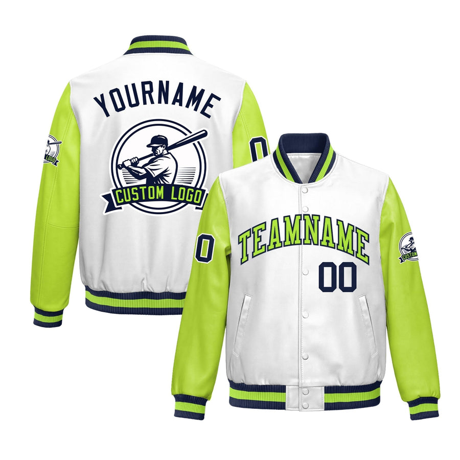 Custom Neon Green Navy Raglan Sleeves Full-Snap Faux Leather Letterman Jacket | BuyFootballJersey