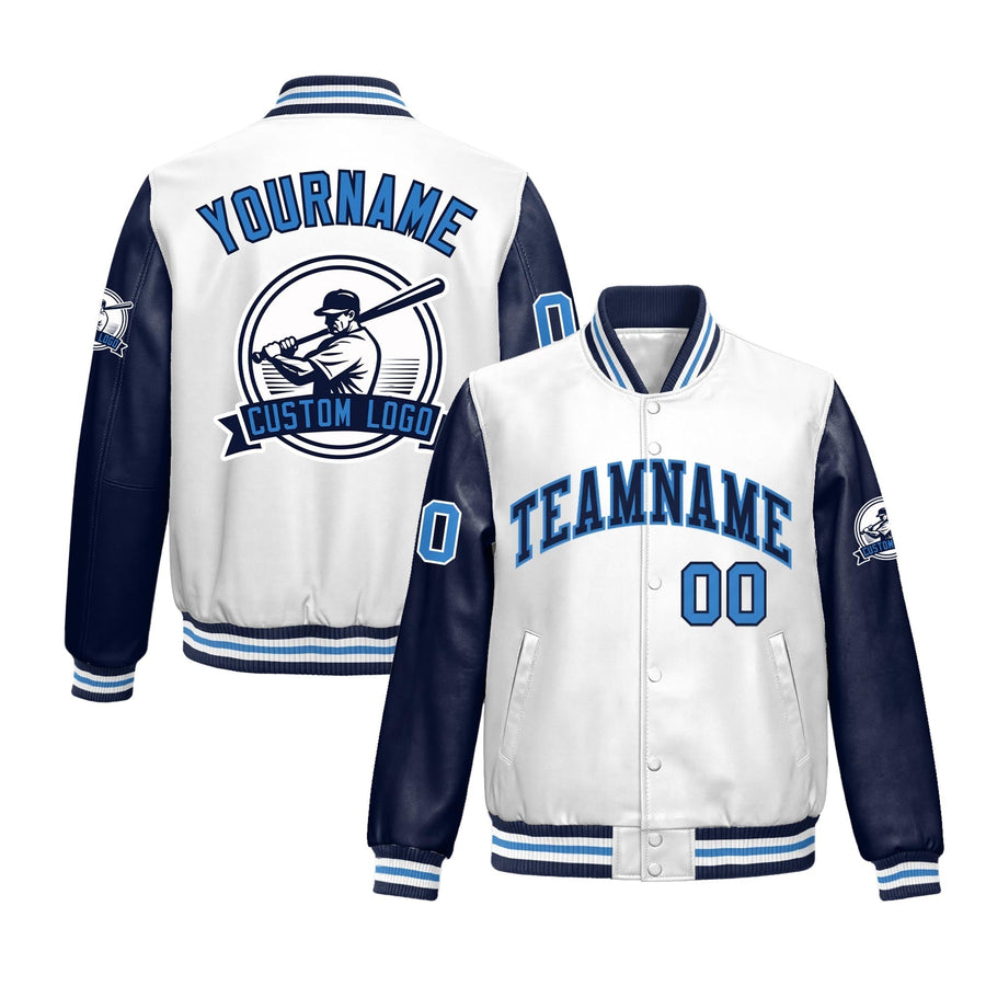 Custom Navy White Raglan Sleeves Full-Snap Faux Leather Letterman Jacket | BuyFootballJersey
