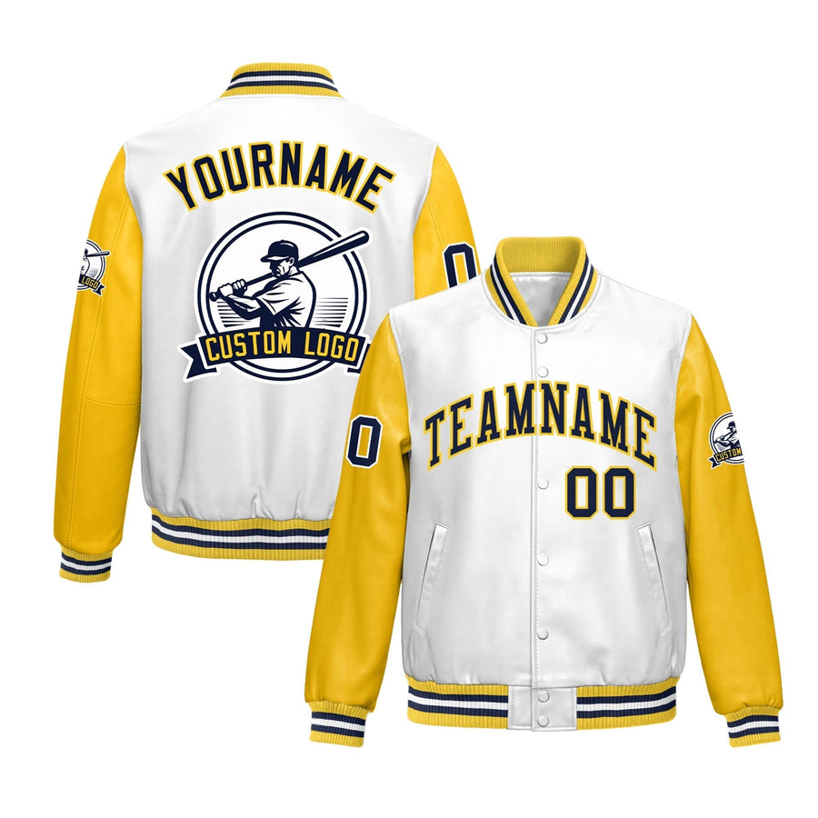 Custom Yellow White Raglan Sleeves Full-Snap Faux Leather Letterman Jacket | BuyFootballJersey