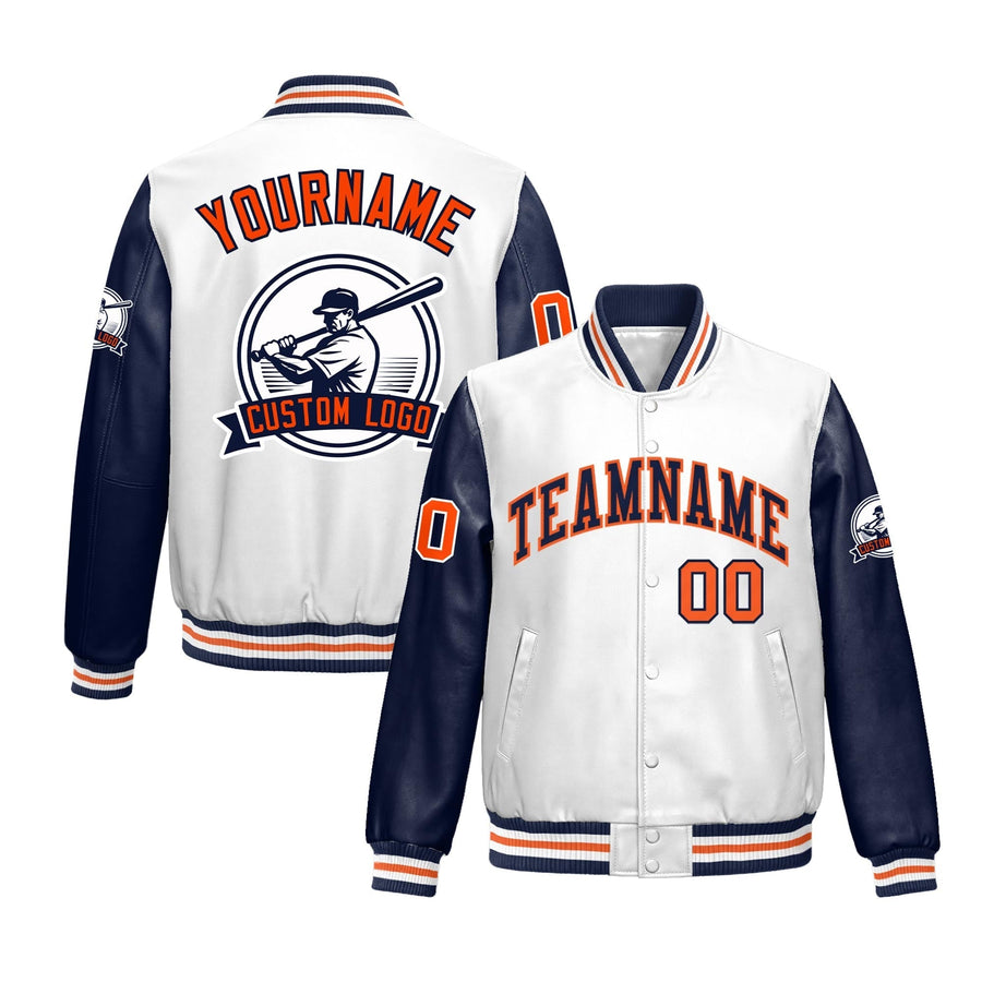Custom Navy White Raglan Sleeves Full-Snap Faux Leather Letterman Jacket | BuyFootballJersey