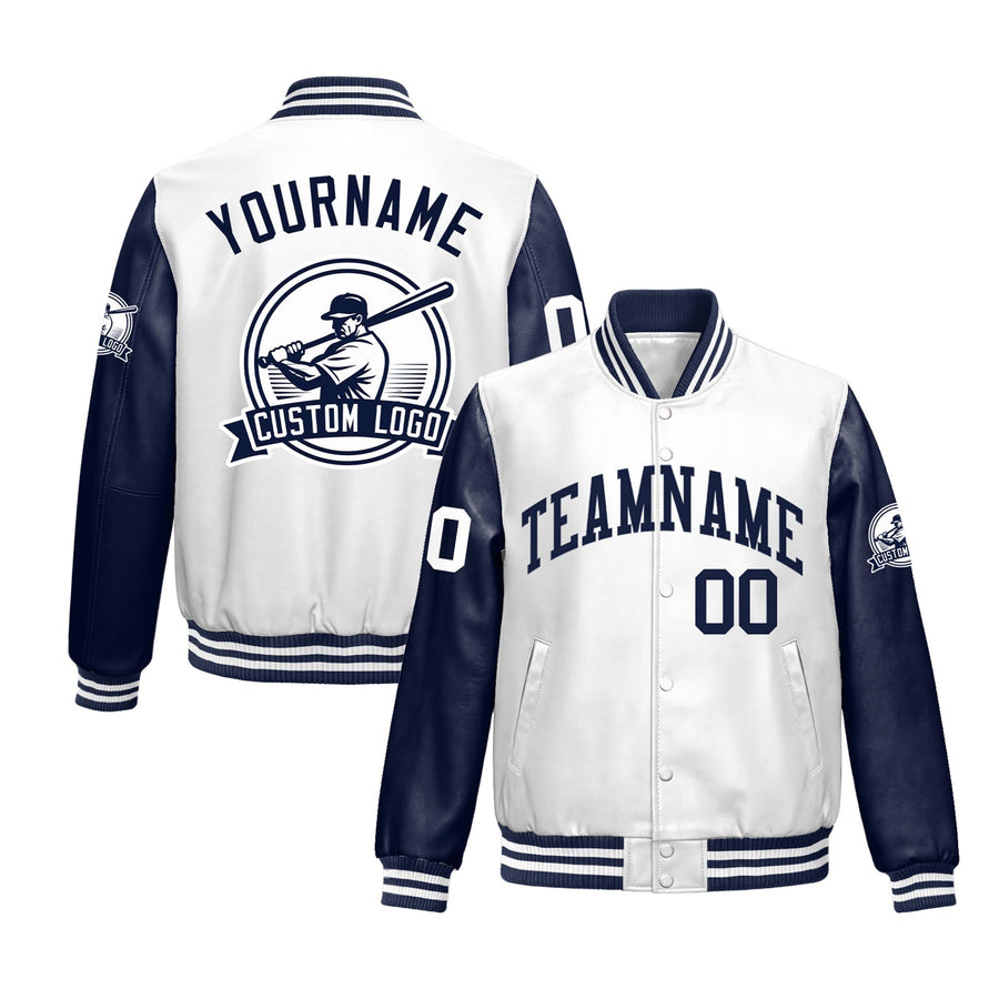Custom Navy White Raglan Sleeves Full-Snap Faux Leather Letterman Jacket | BuyFootballJersey