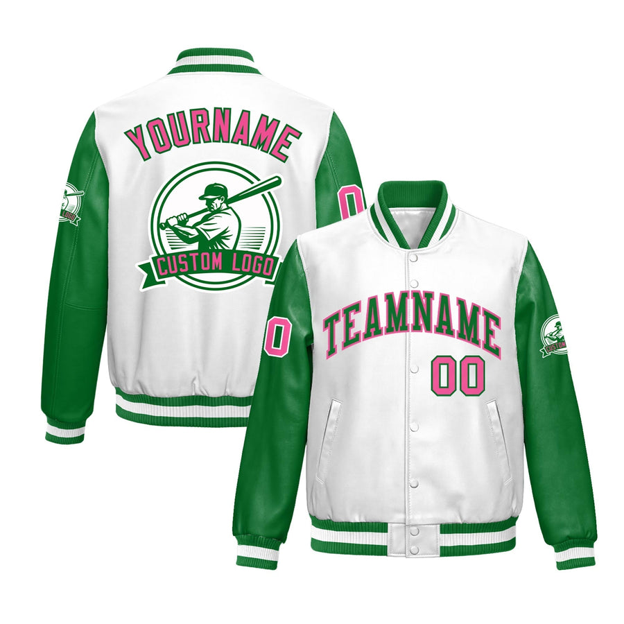 Custom Kelly Green White Raglan Sleeves Full-Snap Faux Leather Letterman Jacket | BuyFootballJersey