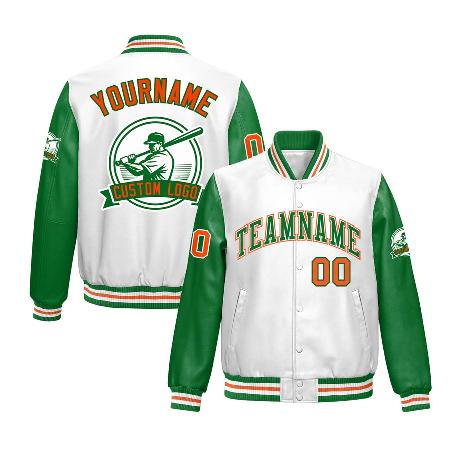 Custom Kelly Green White Orange Raglan Sleeves Full-Snap Faux Leather Letterman Jacket | BuyFootballJersey