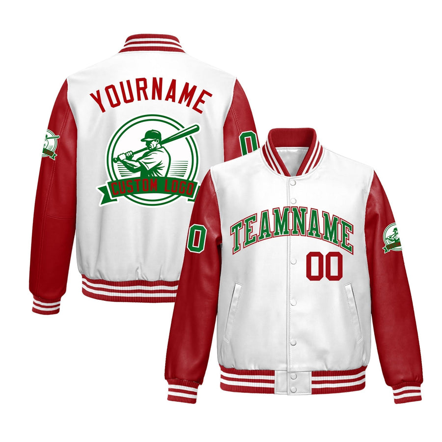 Custom Red White Raglan Sleeves Full-Snap Faux Leather Letterman Jacket | BuyFootballJersey