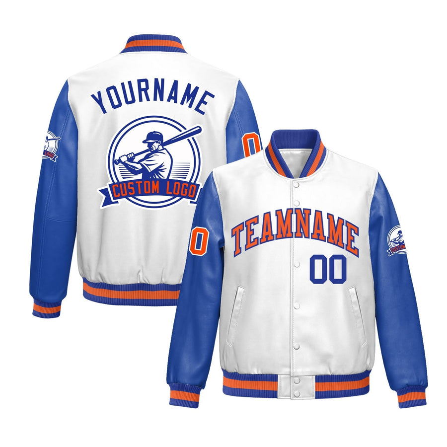 Custom Royal Blue Orange Raglan Sleeves Full-Snap Faux Leather Letterman Jacket | BuyFootballJersey