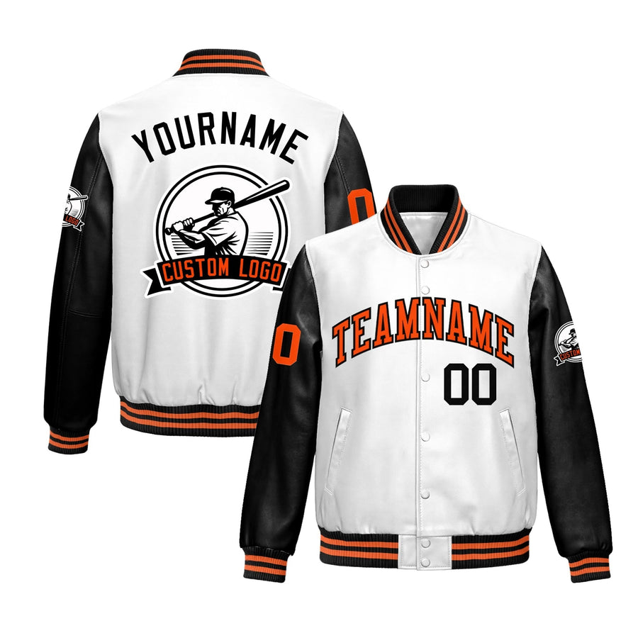 Custom Black White Raglan Sleeves Full-Snap Faux Leather Letterman Jacket | BuyFootballJersey