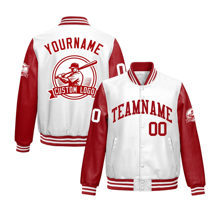 Custom Red White Raglan Sleeves Full-Snap Faux Leather Letterman Jacket | BuyFootballJersey
