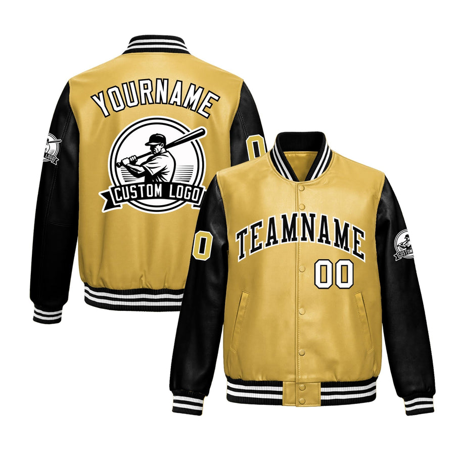 Custom Khaki Black Raglan Sleeves Full-Snap Faux Leather Letterman Jacket | BuyFootballJersey