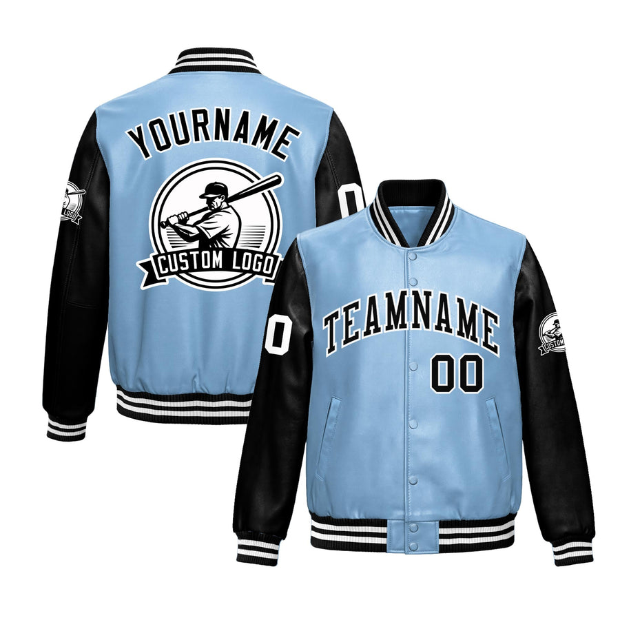 Custom Powder Blue Black Raglan Sleeves Full-Snap Faux Leather Letterman Jacket | BuyFootballJersey