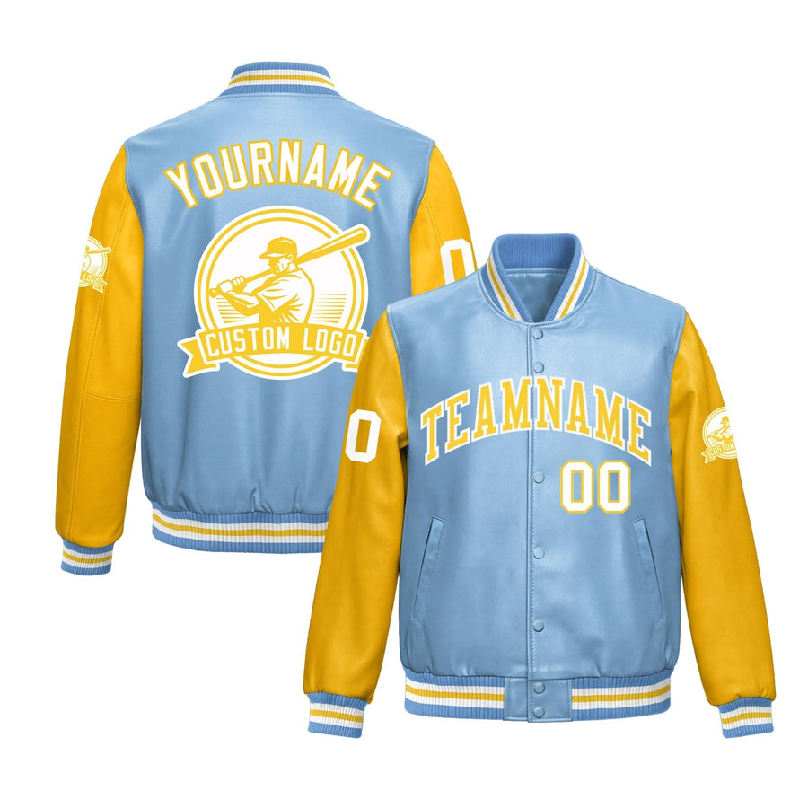 Custom Powder Blue Yellow Raglan Sleeves Full-Snap Faux Leather Letterman Jacket | BuyFootballJersey