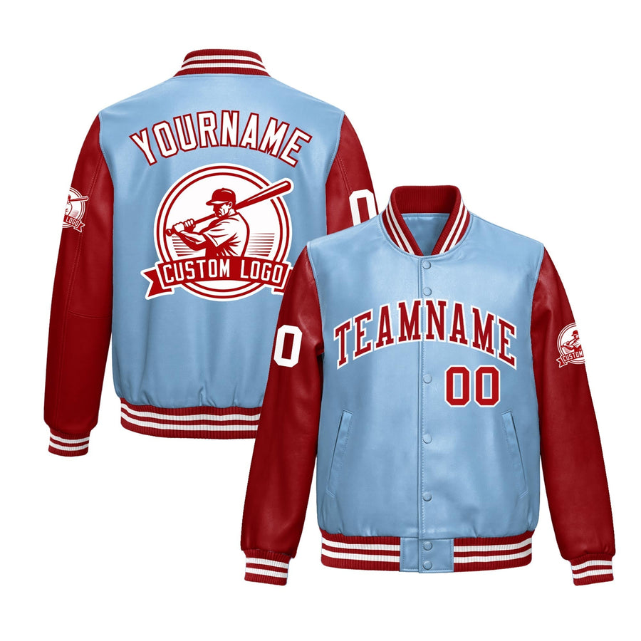 Custom Powder Blue Red Raglan Sleeves Full-Snap Faux Leather Letterman Jacket | BuyFootballJersey