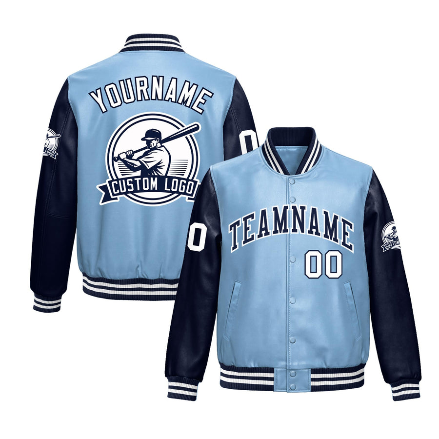 Custom Powder Blue Navy Raglan Sleeves Full-Snap Faux Leather Letterman Jacket | BuyFootballJersey