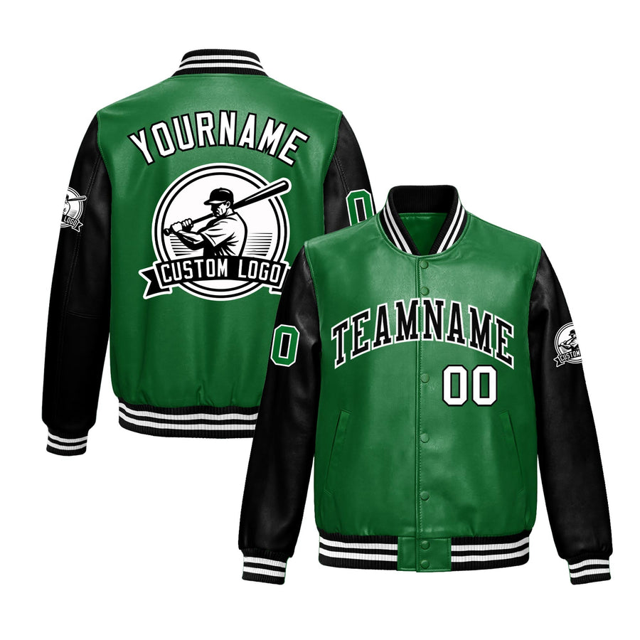 Custom Kelly Green Black Raglan Sleeves Full-Snap Faux Leather Letterman Jacket | BuyFootballJersey