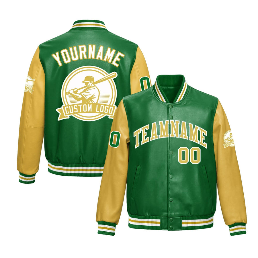 Custom Kelly Green Khaki Raglan Sleeves Full-Snap Faux Leather Letterman Jacket | BuyFootballJersey