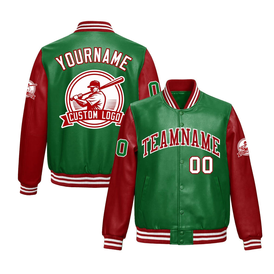 Custom Kelly Green Red Raglan Sleeves Full-Snap Faux Leather Letterman Jacket | BuyFootballJersey