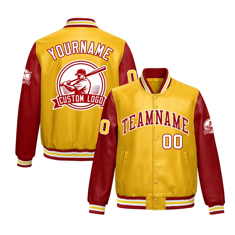 Custom Yellow Red Raglan Sleeves Full-Snap Faux Leather Letterman Jacket | BuyFootballJersey