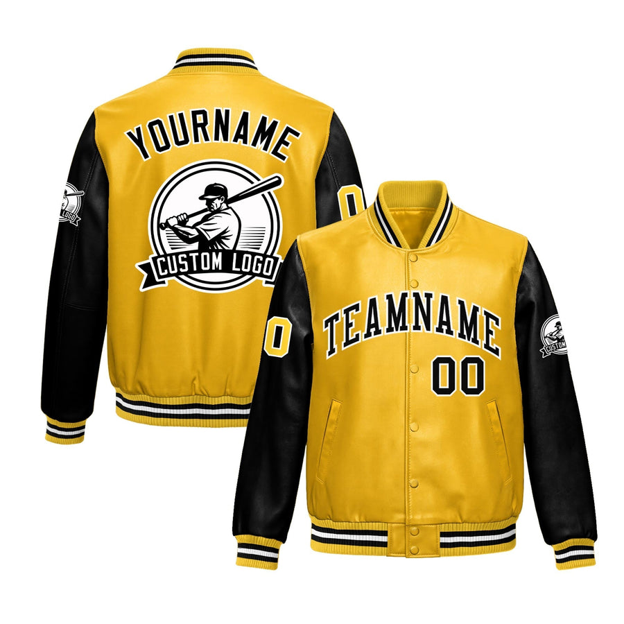 Custom Yellow Black Raglan Sleeves Full-Snap Faux Leather Letterman Jacket | BuyFootballJersey