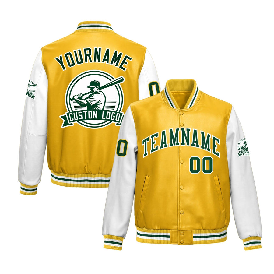 Custom Yellow White Raglan Sleeves Full-Snap Faux Leather Letterman Jacket | BuyFootballJersey