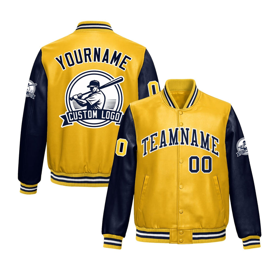 Custom Yellow Navy Raglan Sleeves Full-Snap Faux Leather Letterman Jacket | BuyFootballJersey