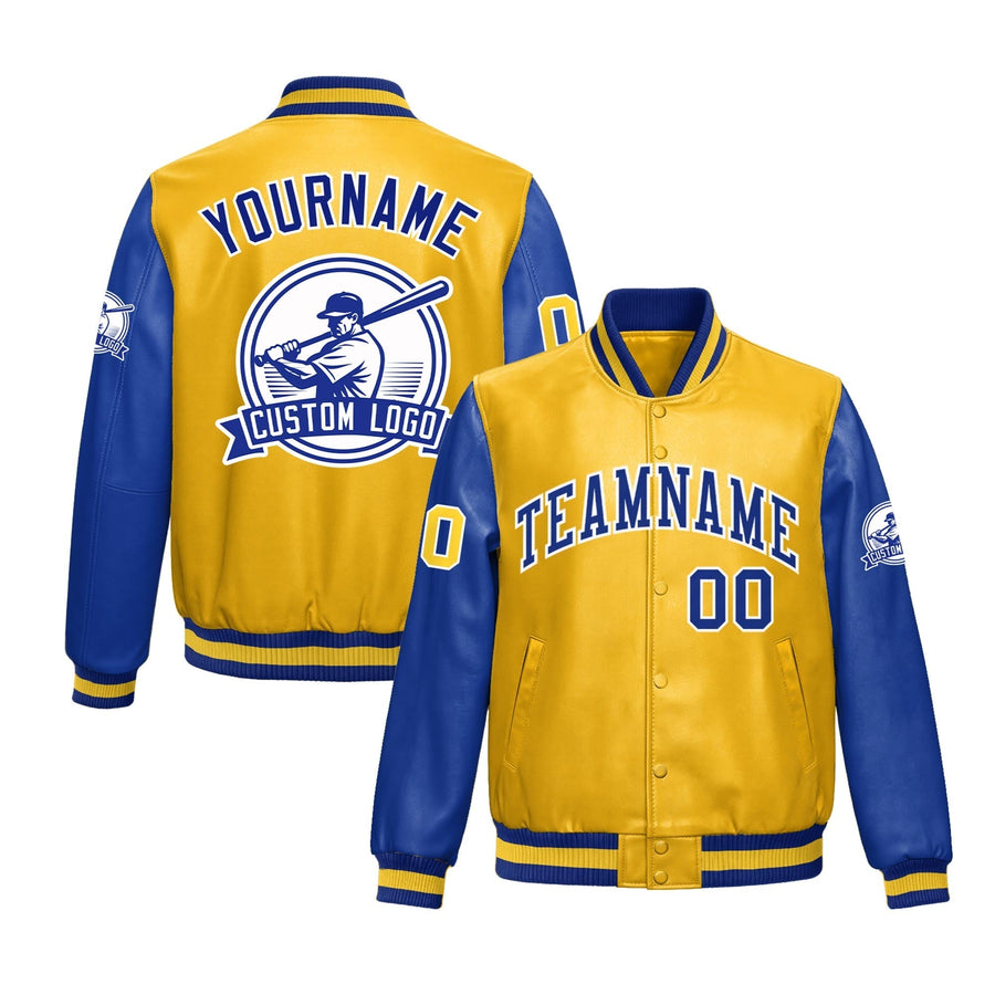 Custom Yellow Royal Blue Raglan Sleeves Full-Snap Faux Leather Letterman Jacket | BuyFootballJersey