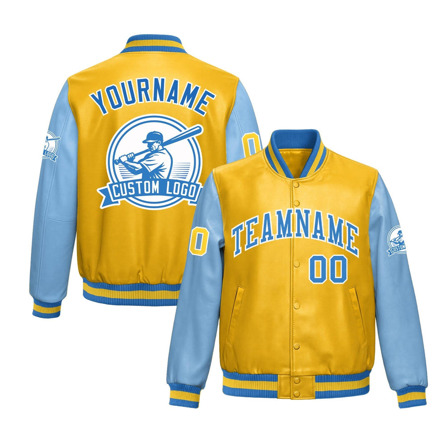 Custom Yellow Powder Blue Raglan Sleeves Full-Snap Faux Leather Letterman Jacket | BuyFootballJersey