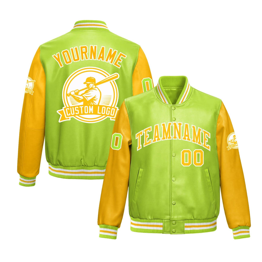 Custom Neon Green Yellow Raglan Sleeves Full-Snap Faux Leather Letterman Jacket | BuyFootballJersey