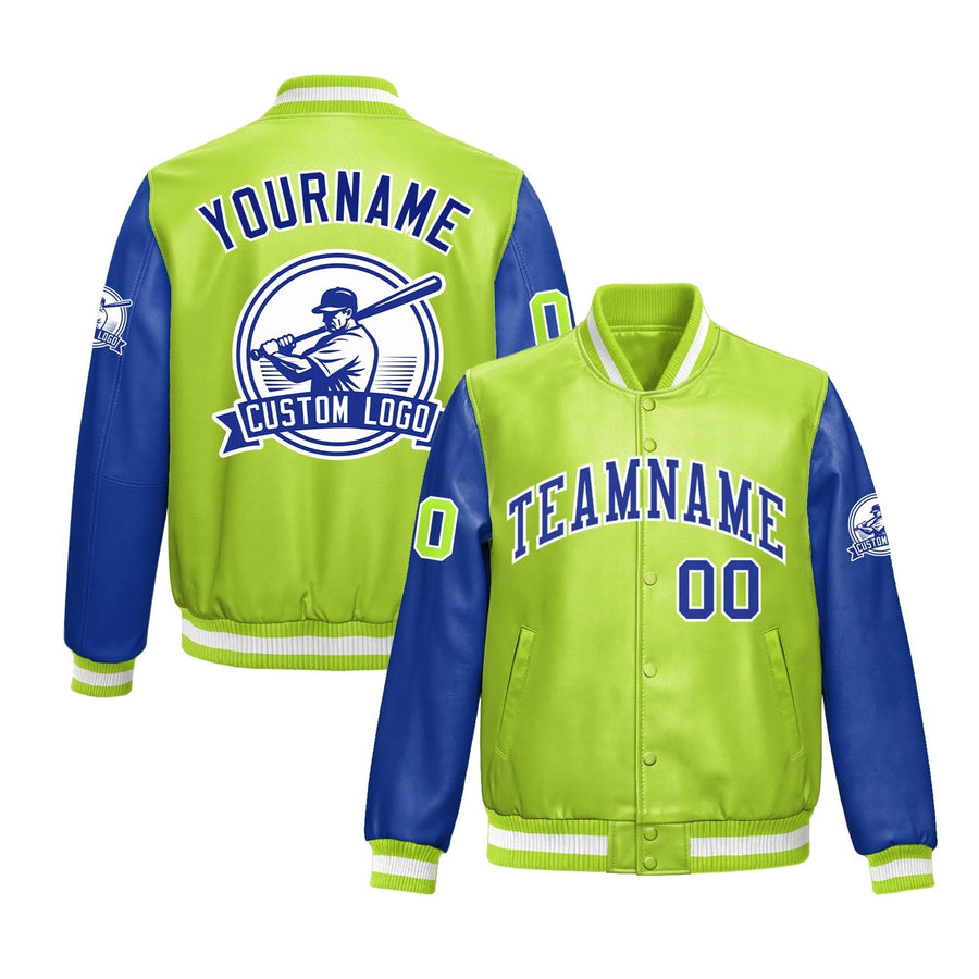 Custom Neon Green Royal Blue Raglan Sleeves Full-Snap Faux Leather Letterman Jacket | BuyFootballJersey