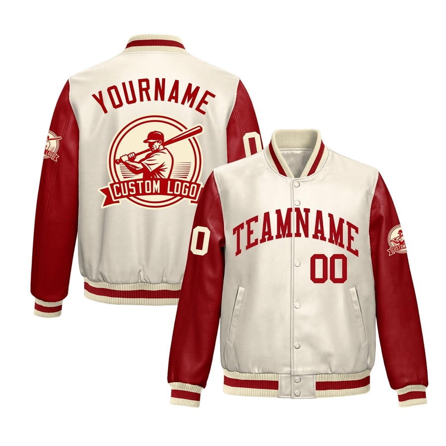 Custom Cream Red Raglan Sleeves Full-Snap Faux Leather Letterman Jacket | BuyFootballJersey