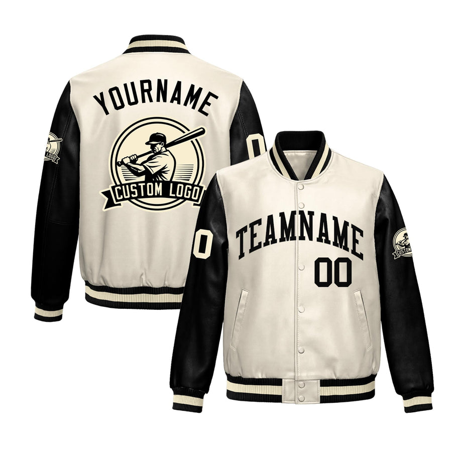 Custom Cream Black Raglan Sleeves Full-Snap Faux Leather Letterman Jacket | BuyFootballJersey