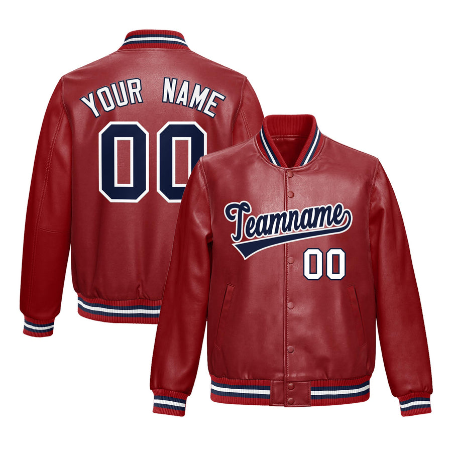 Custom Red Navy Full-Snap Varsity Faux Leather Letterman Jacket | BuyFootballJersey