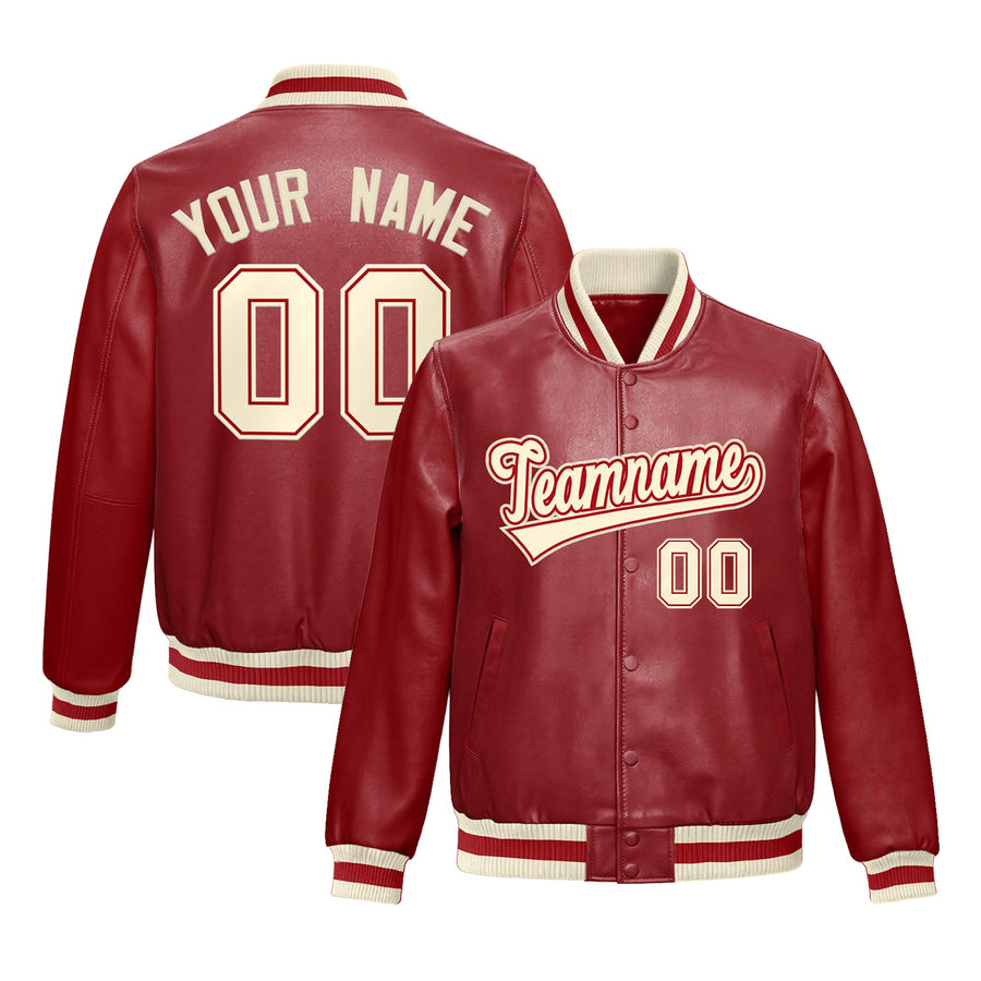 Custom Red Cream Full-Snap Varsity Faux Leather Letterman Jacket | BuyFootballJersey