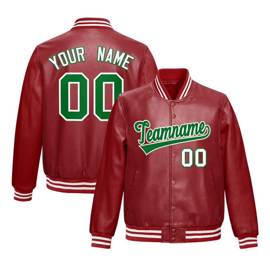 Custom Red Kelly Green Full-Snap Varsity Faux Leather Letterman Jacket | BuyFootballJersey