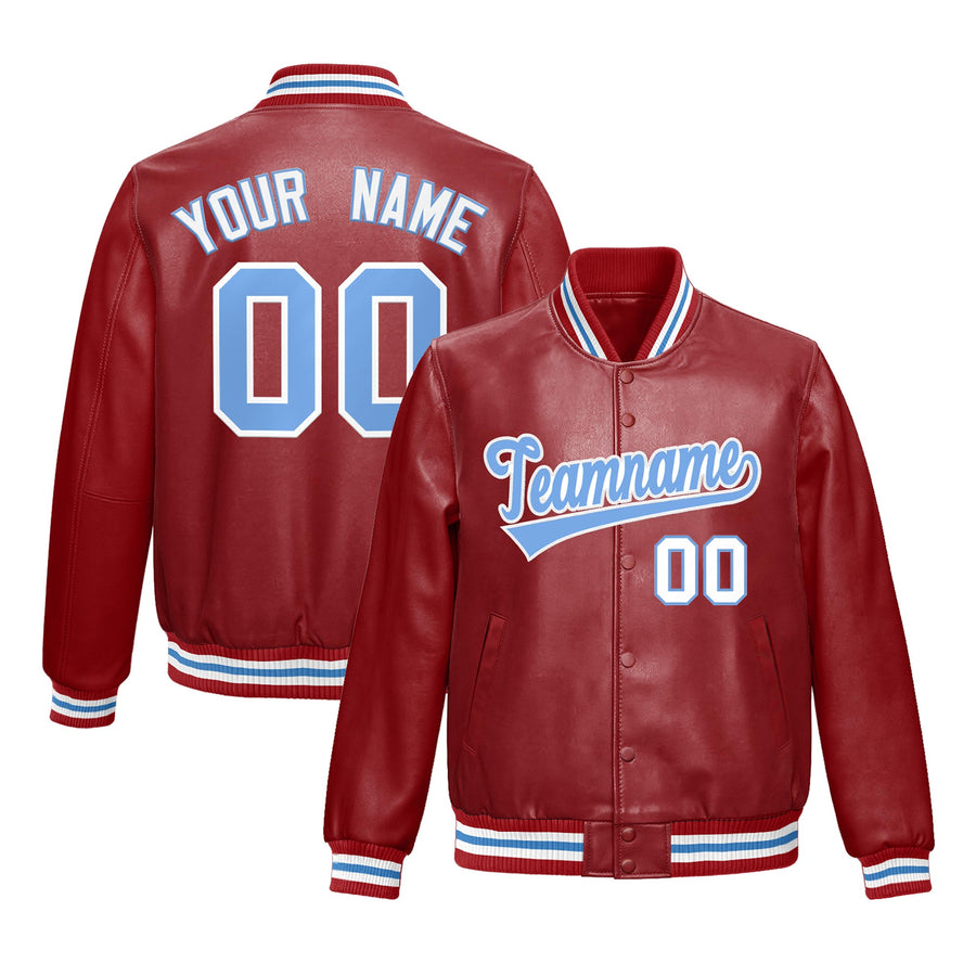 Custom Red Light Blue Full-Snap Varsity Faux Leather Letterman Jacket | BuyFootballJersey