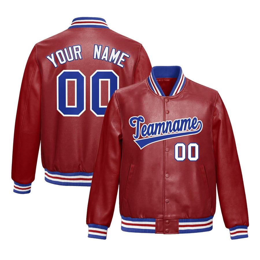 Custom Red Royal Blue Full-Snap Varsity Faux Leather Letterman Jacket | BuyFootballJersey
