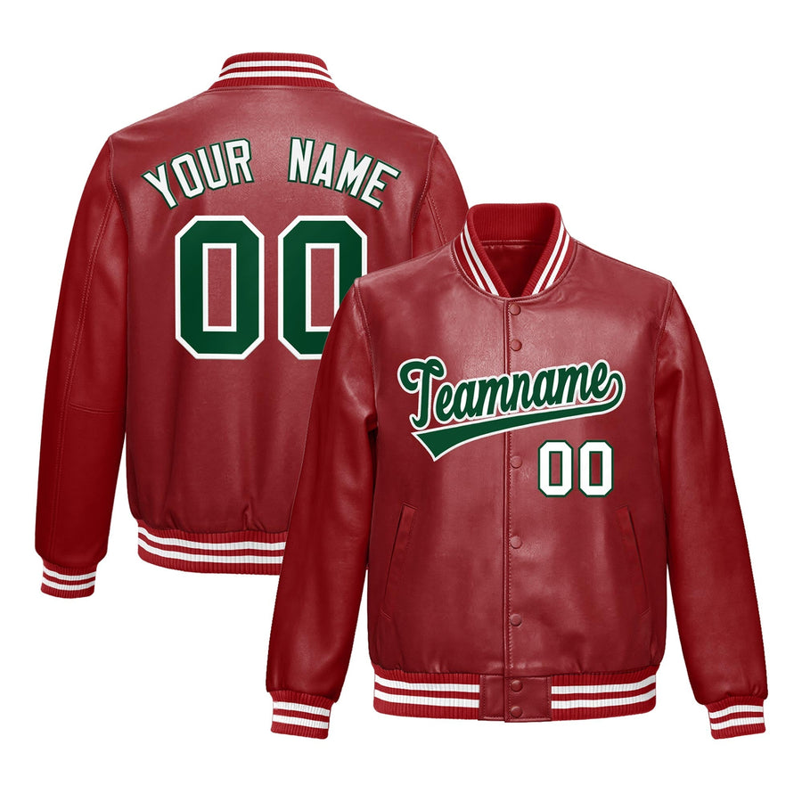 Custom Red Dark Green Full-Snap Varsity Faux Leather Letterman Jacket | BuyFootballJersey