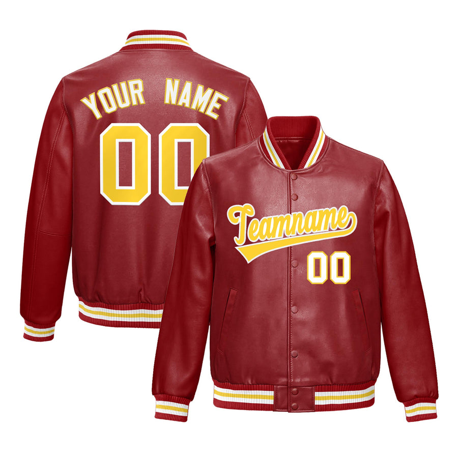 Custom Red Gold Full-Snap Varsity Faux Leather Letterman Jacket | BuyFootballJersey