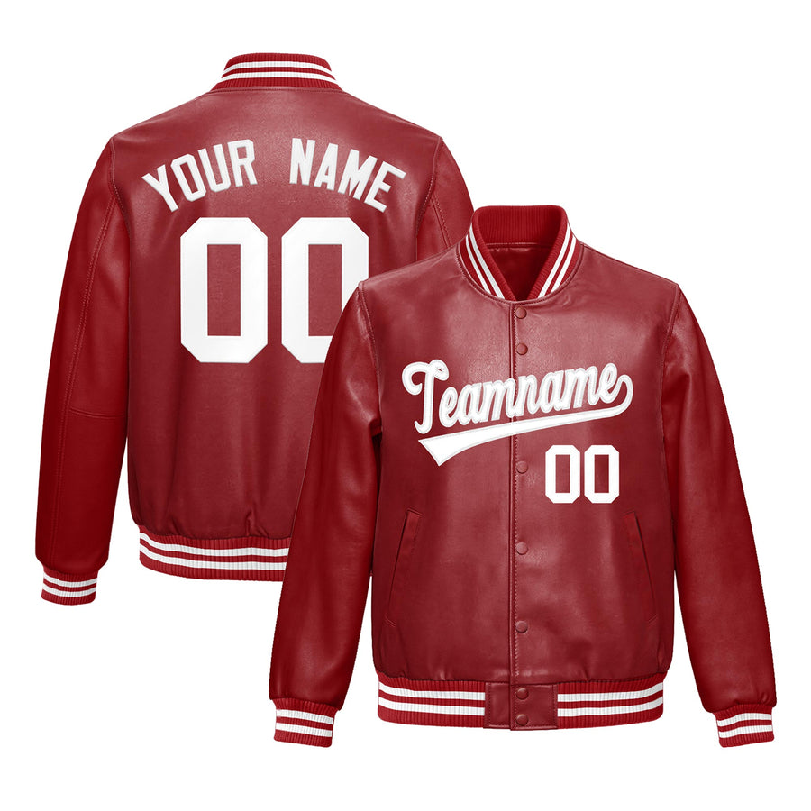 Custom Red White Full-Snap Varsity Faux Leather Letterman Jacket | BuyFootballJersey